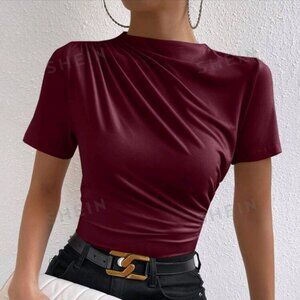 SHEIN Prive` Ruched Mock Neck Tee
